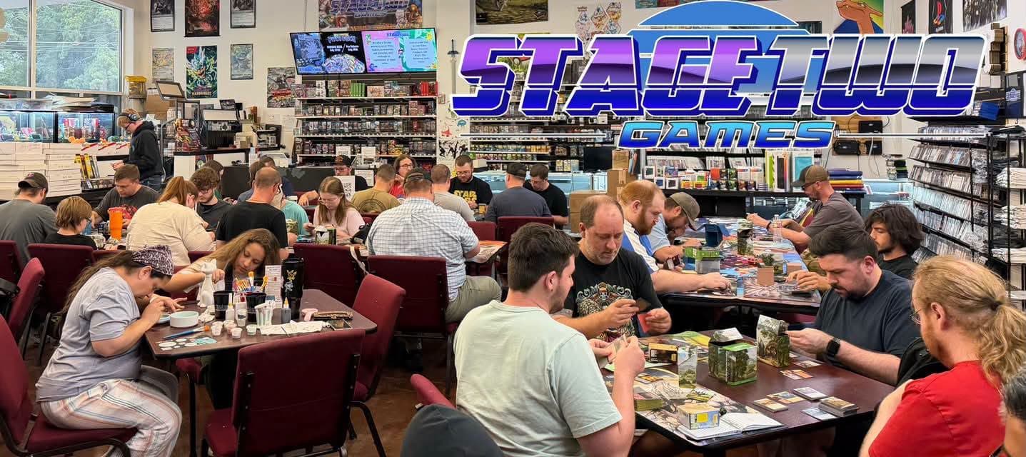 Players gathered around tables for games at Stage Two Games in Cabot